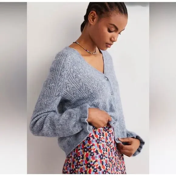 BODEN Pointelle Long Sleeve Cardigan Sweater Blue, Size 8 - Picture 4 of 14